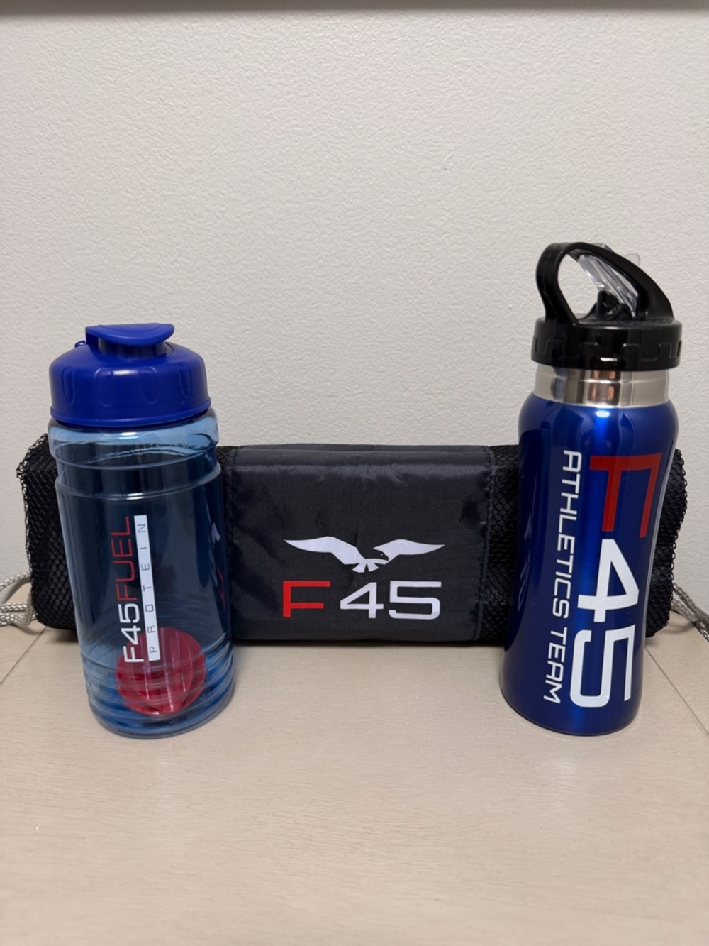 F45 Training Fitness Swag Protein Shaker, Water Bottle, Drawstring Backpack NWT